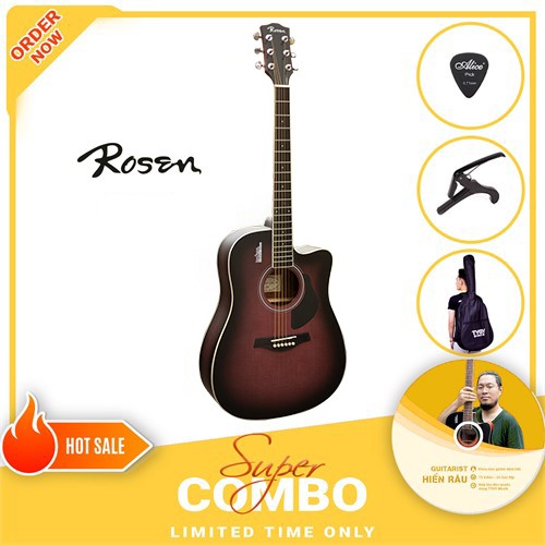 Combo Đàn Guitar Acoustic Rosen G13BR ( Nâu Đỏ) và Khóa Học Guitar Hiển Râu
